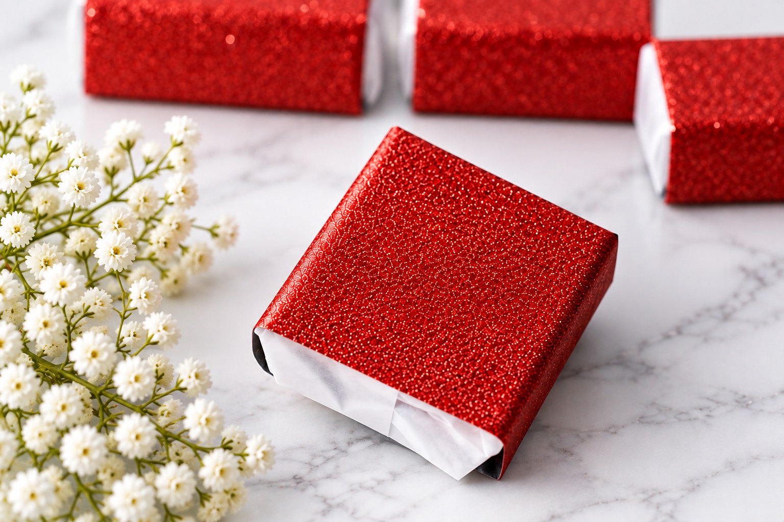 Red Glitter Paper Wrapped Wedding Cake Piece 2″ × 2″ × 1″