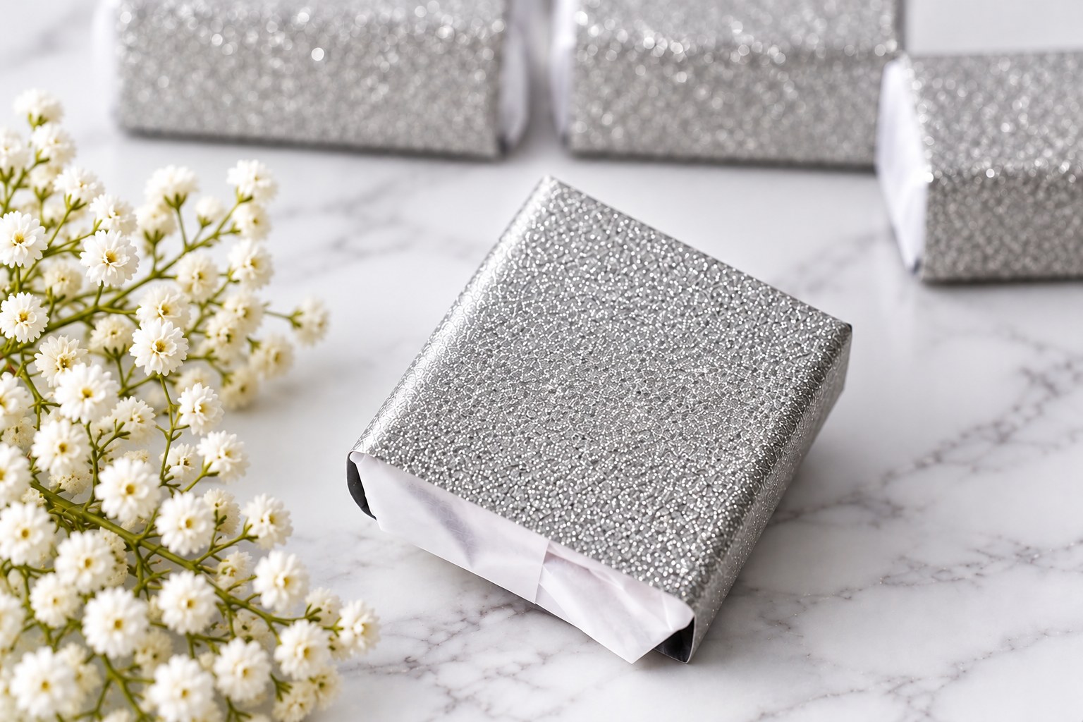 Silver Glitter Paper Wrapped Wedding Cake Piece 2″ × 2″ × 1″